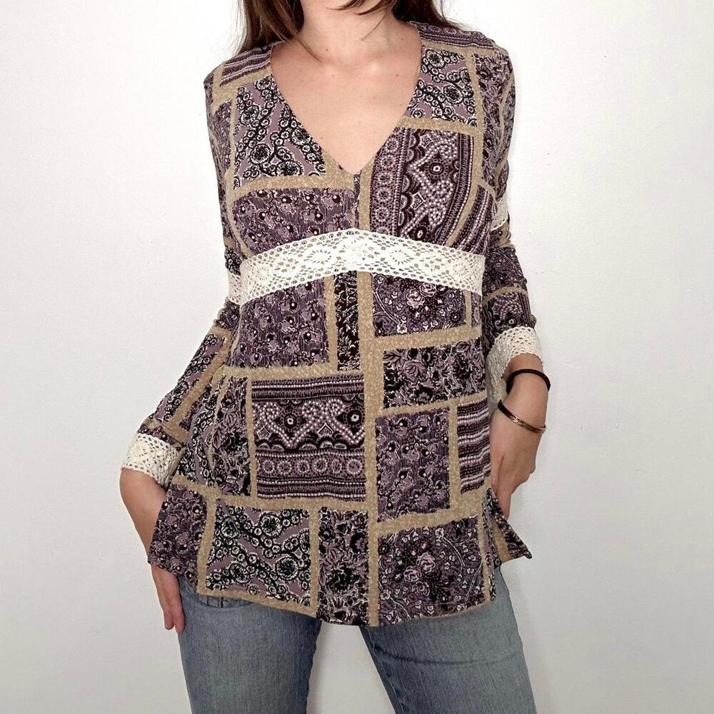 Y2K I.N.C patchwork bellsleeve top with crochet details
